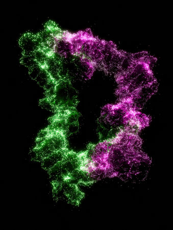 A swirling formation of glowing particles in shades of green and pink captivates the viewer with its abstract beauty against a deep black backdrop.の素材