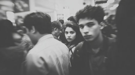 A young girl stands out in a bustling market. Surrounding her are various individuals engaged in different activities, creating a lively atmosphere.の素材