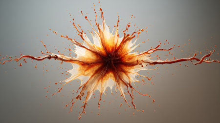 Liquid splashes against a neutral backdrop, revealing vibrant colors and unique patterns in a burst of action and creativity.の素材