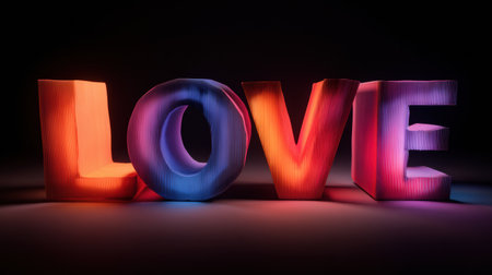 Bright, multicolored letters forming the word love stand out against a dark backdrop, showcasing a beautiful artistic representation of warmth and emotion.の素材