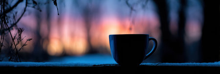 A steaming cup of coffee rests on a windowsill during twilight, with a vibrant sunset and dark tree outlines creating a serene atmosphere.の素材