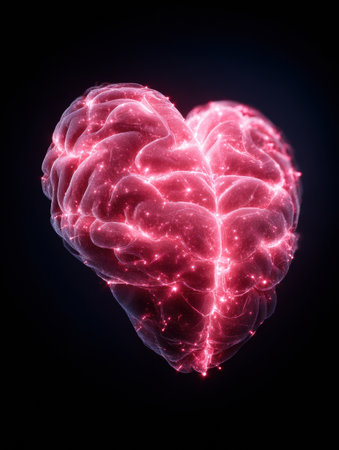 A striking heart-shaped brain emits radiant light and energy.の素材
