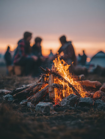 A group of friends relaxes around a campfire, sharing stories and laughter as the sun sets in the background, creating a warm, inviting atmosphere.の素材