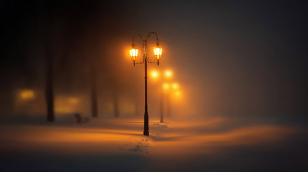 Soft light from vintage lanterns breaks through a thick fog, revealing a serene snow-covered pathway at night, creating a magical winter atmosphere.の素材