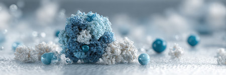 Delicate blue and white microstructures are artistically arranged on a smooth surface, highlighting their beauty and scientific principles.の素材