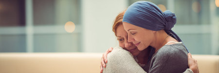 Two women share a warm embrace, conveying deep emotions and support for each other. One woman wears a headscarf, indicating a recent health struggle.の素材