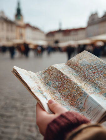 A person studies a detailed map in a lively historic square surrounded by charming buildings and bustling crowds during a vibrant day.の素材