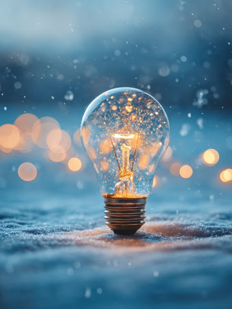 A glowing light bulb stands in the snow as snowflakes gently fall around it, creating a serene winter atmosphere with blurred lights in the background.の素材