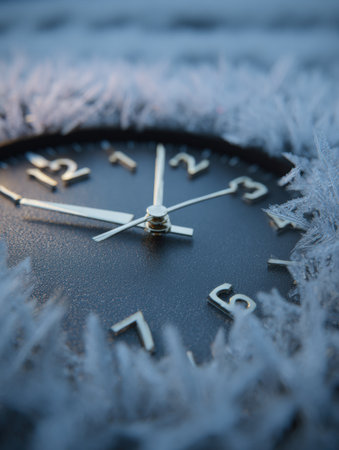 Clock buried in frost, highlighting the delicate ice crystals around its face. An intricate texture depicts a cold winter moment, revealing the passing time.の素材