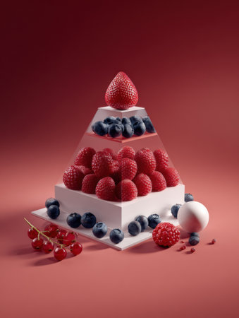 A captivating pyramid of fresh raspberries, blueberries, and strawberries is beautifully arranged against a soft background.の素材