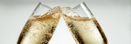 Two elegant glasses click together, spilling sparkling liquid as bubbles rise, creating a festive atmosphere.の素材