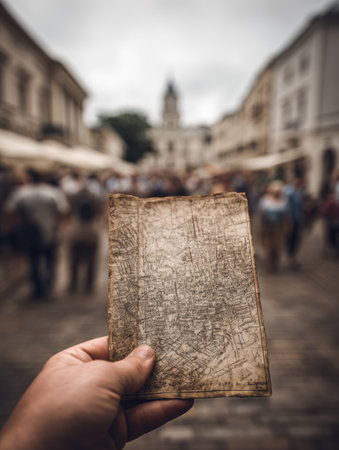 A person shows an aged map while exploring a lively street market filled with historic architecture and crowds on a cloudy day.の素材