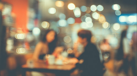 Two individuals seated at a table, immersed in discussion, surrounded by a vibrant cafe atmosphere illuminated by soft, glowing lights.の素材