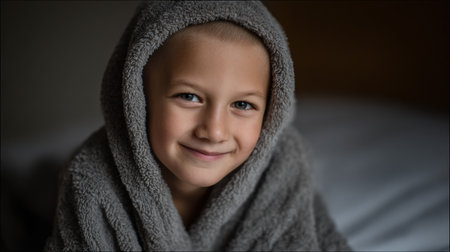 A cheerful boy, with a warm smile, is snugly wrapped in a soft blanket, enjoying a peaceful moment indoors, evoking feelings of comfort and happiness.の素材