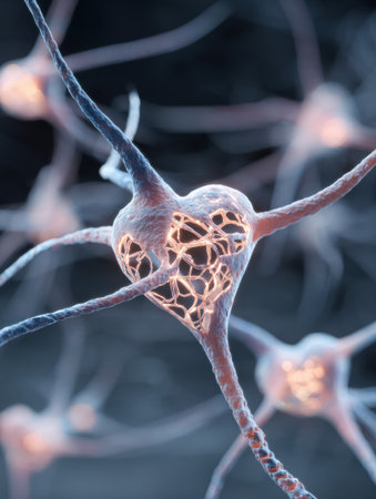 A close-up of neurons reveals their unique structures and connections, showing the intricate design of the nervous system.の素材