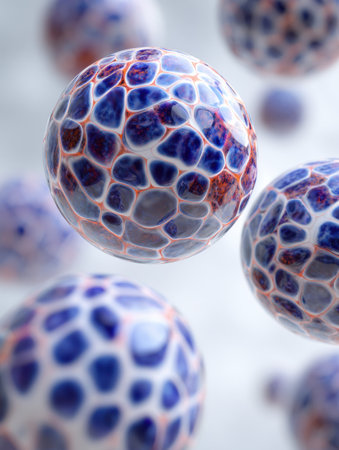 Vibrant spherical forms with detailed, patterned surfaces drift in a light setting, displaying a captivating interplay of blue, violet, and orange colors.の素材