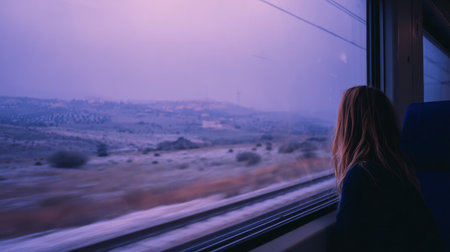 A woman looks thoughtfully out a train window, observing rolling hills and distant hills shrouded in mist. The scene is peaceful during twilight.の素材