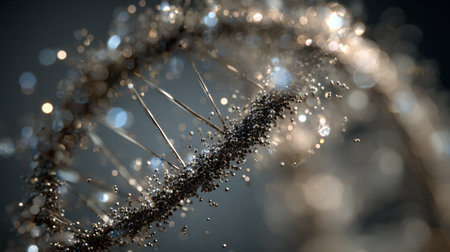 A vibrant DNA structure highlights display intricate details, showing the beauty of molecular science in a creative digital format.の素材