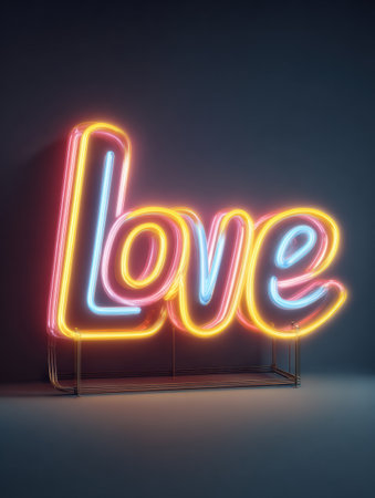 A bright neon sign displaying the word love in colorful hues stands out against a dark background, radiating a warm and cheerful atmosphere.の素材