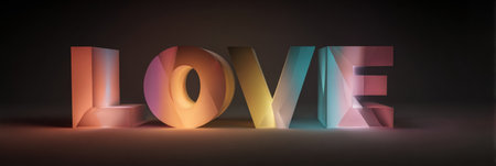 Bright and colorful 3D letters spell love, creating a visually striking effect against a dark backdrop, highlighting the interplay of light and color.の素材