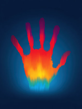 A hand silhouette appears with a vivid gradient of colors against a dark blue background, blending artistic expression and modern aesthetics.の素材
