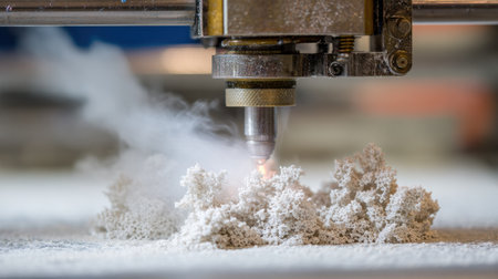 Laser cutter emits focused light while intricately shaping material, generating fine details and smoke in a working shop atmosphere.の素材
