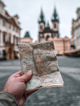 A traveler holds an old map while standing in the empty streets of Prague, with beautiful architecture and towers in the background on a cloudy day.の素材
