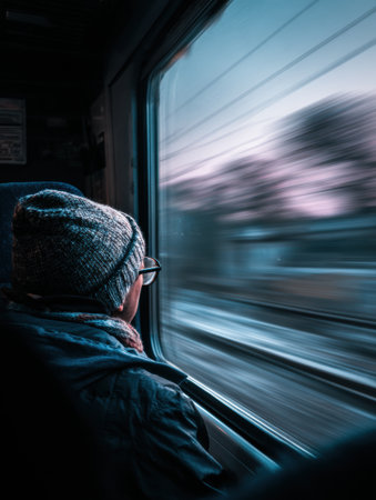 A traveler looks out the train window as the landscape blurs by at dusk, capturing a moment of reflection during the journey.の素材