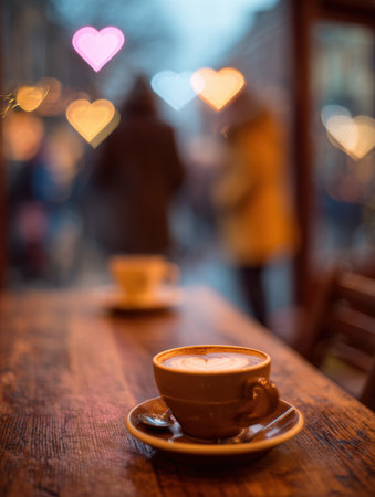 A cozy scene featuring a warm cup of coffee on a rustic wooden table, with colorful heart-shaped bokeh lights and people in the background during twilight.の素材