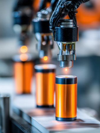 A robotic arm is skillfully working to assemble orange battery cells on a production line in a contemporary factory environment during the day.の素材