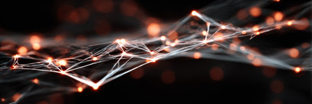 Glowing connections form an intricate network, with bright nodes illuminating the dark backdrop, creating a mesmerizing visual effect.の素材