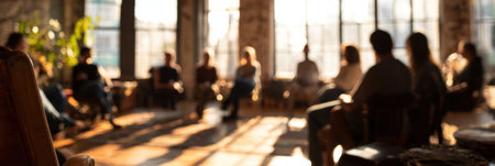Sunlight streams through large windows, illuminating a group of people seated in a circle, exchanging thoughts in a collaborative workshop setting.の素材