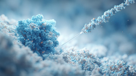 Exploration of microscopic cellular formations highlights complex patterns and textures in shades of blue and white, revealing scientific details.の素材