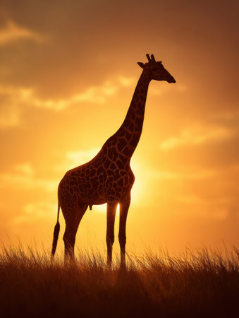 A tall giraffe stands in profile against a vibrant sunset, silhouetted by warm tones of orange and yellow, surrounded by tall grass in a serene setting.の素材