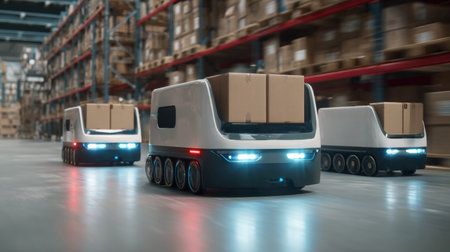 Three delivery robots move swiftly through a large warehouse, navigating around shelves filled with boxes, showing advanced technology in logistics.の素材