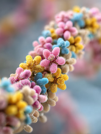 Delicate flowers in pink, blue, yellow, and beige create a vibrant, textured composition, blending beautifully with a muted, blurred backdrop.の素材