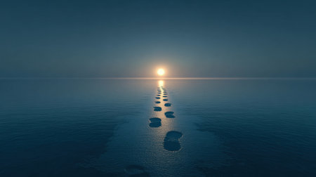 Footprints trail across the still surface of the ocean as the sun sets on the horizon, creating a peaceful and reflective scene under twilight skies.の素材