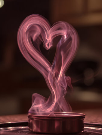 Delicate pink smoke spirals elegantly into a heart shape, rising from a small container. The warm glow of the indoor space adds a cozy atmosphere to the scene.の素材