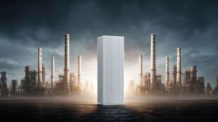 A striking white building stands out against industrial smokestacks under a moody sky, showing the mix of nature and engineering.の素材