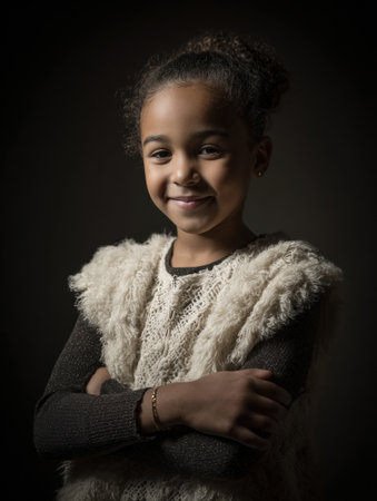 A young girl stands with her arms crossed, smiling softly. She wears a warm vest and has curly hair, creating a charming appearance in low light.の素材