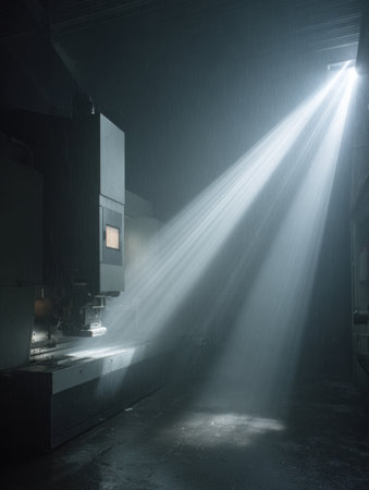 Soft beams of light slice through the dust-filled workshop, casting shadows on heavy machinery, creating an atmospheric and serene moment in the afternoon.の素材