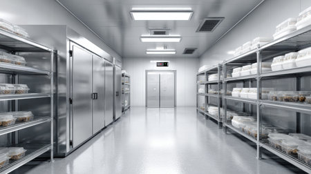 Spacious cold storage area features stainless steel shelves stocked with containers, enhancing efficient food preservation and organization for storage needs.の素材