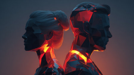 Abstract representation of two human figures back to back, highlighted with glowing geometric shapes and warm colors that evoke a sense of depth and emotion.の素材