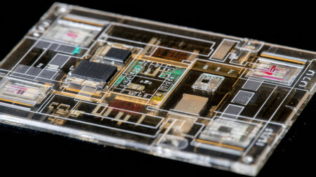 This close-up view reveals a circuit board filled with complex components and microelectronics, showing advanced technology and precision engineering.の素材