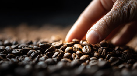 A hand gently touches a mound of freshly roasted coffee beans, highlighting their rich texture and deep brown color in a cozy setting.の素材