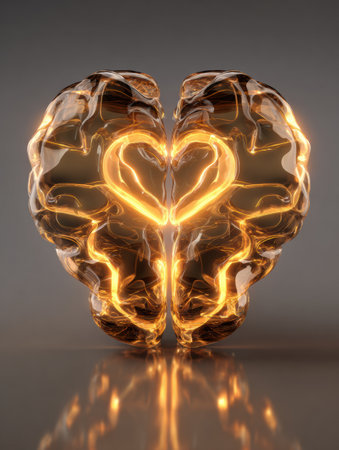 A striking depiction of a brain split into two heart shapes, illuminated with amber light.の素材