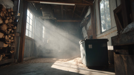 Sunlight streams through dusty windows, brightening a rustic barns wooden interior and a blue bin, evoking tranquility in the countryside.の素材