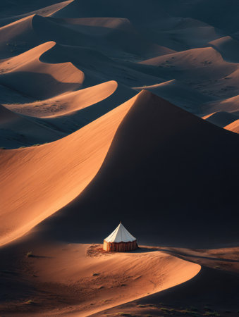 Golden sand dunes stretch across the landscape with a traditional tent positioned in the valley, illuminated by the warm glow of sunset.の素材