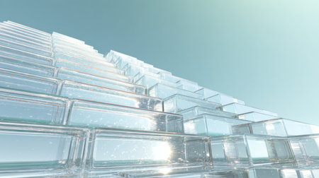 Translucent blocks are arranged in a stepped pattern, reflecting sunlight, creating an intriguing visual against the clear sky during daytime.の素材
