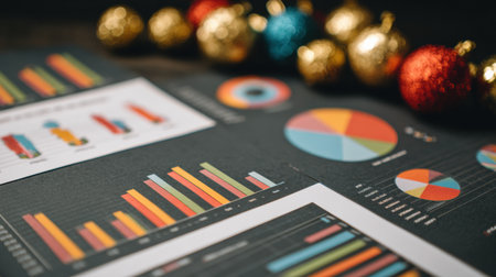Charts and graphs display data insights on a table, while vibrant holiday ornaments add a festive touch to the workspace, creating a cheerful atmosphere.の素材